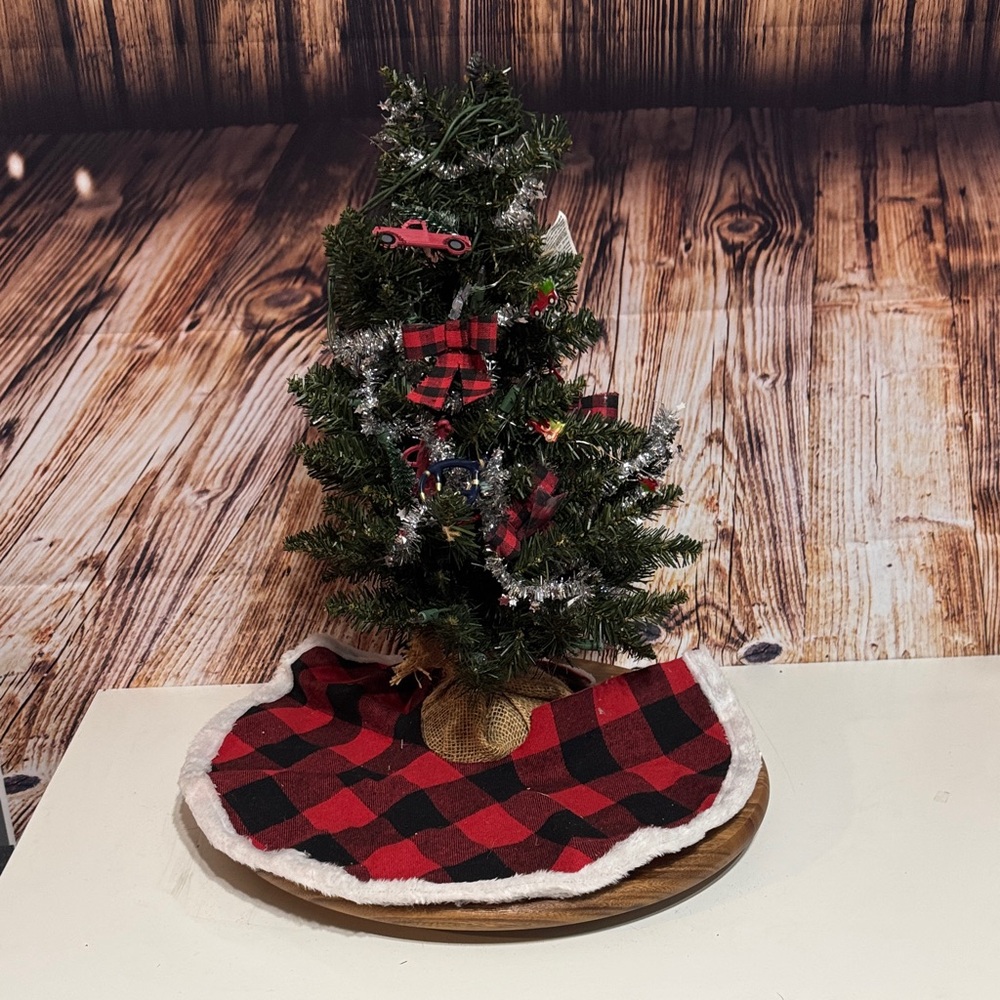 Festive Mini Christmas Tree with Red and Black Plaid Skirt